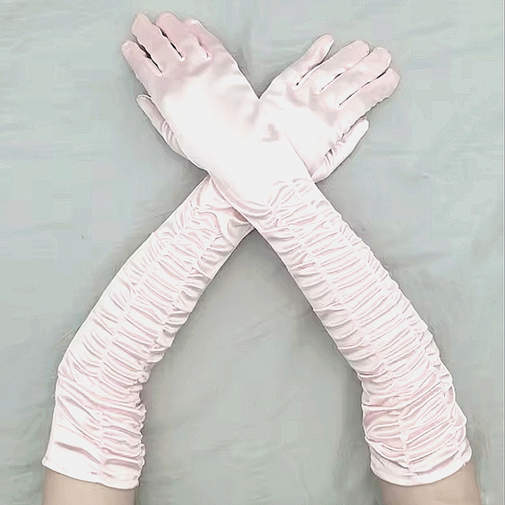 Stunning Unique Pink Runched Satin Elbow Gloves Wedding Formal Bridal Tea Derby